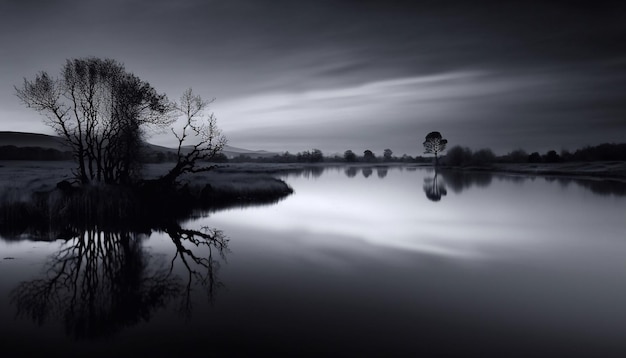 Paisagem de outono com um lago sereno cercado por neblina