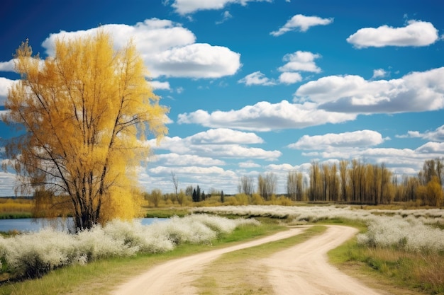 paisagem de outono com uma estrada de terra e salgueiros em primeiro plano AI Gerado