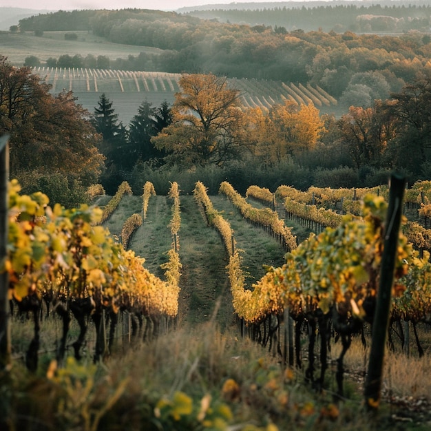 Paisagem de outono com vinhas e árvores em grama Ilustração de cena natural