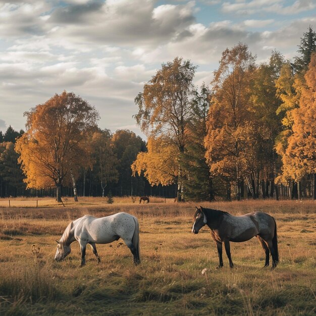 Foto paisagem de outono da letônia com cavalos cena rural de cavalos em campo de grama