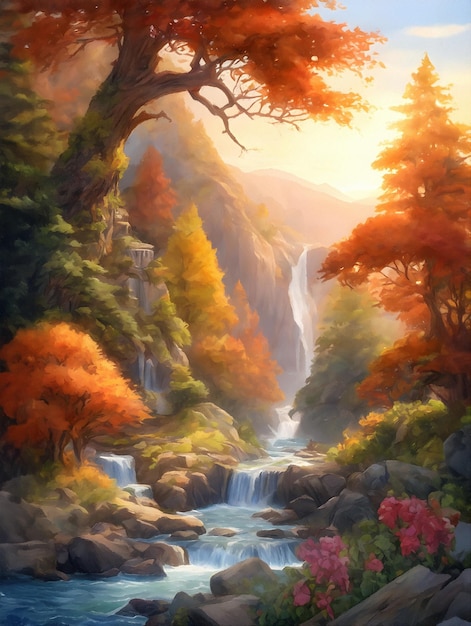 Paisagem de outono de fantasia com rio e floresta gerada por IA