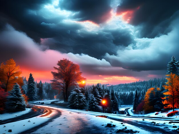 Paisagem de outono em 3D com cenário de inverno sombrio, tons neon, vibração tempestuosa c IA generativa gerada