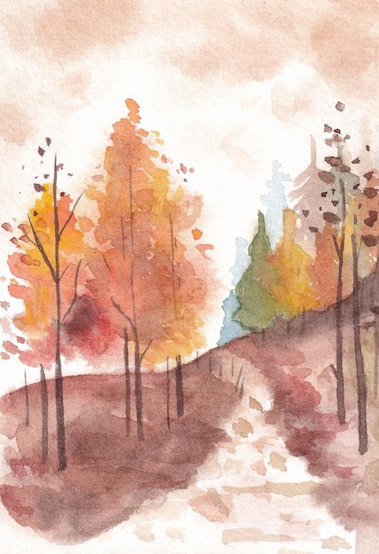 Paisagem de outono em aquarela em um lago