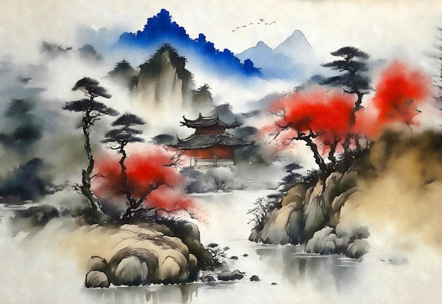 Paisagem de outono minimalista na pintura chinesa antiga Ilustração de IA