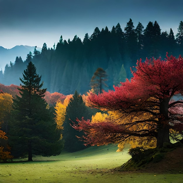 Paisagem de outono nas montanhas Bela floresta com árvores