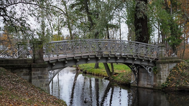 Paisagem de outono no parque Árvores lagos caminhos e pontes antigas Gatchina Palace Park City of Gat