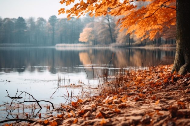 paisagem de outono perto de um lago calmo cópia espaço generativo ai