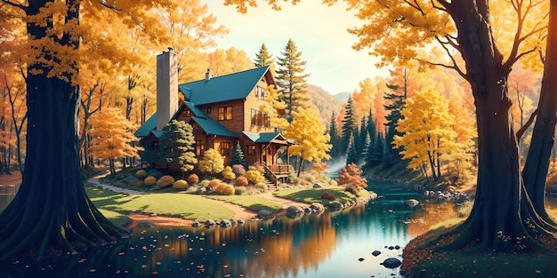 Paisagem de outono uma casa na floresta ao lado do rio