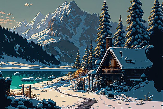 Fundo sem costura de pixel art localização com montanhas nevadas à noite  paisagem para jogo