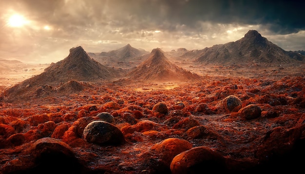 Paisagem de planeta alienígena com estrelas de montanhas de terra laranja na ilustração 3d do céu