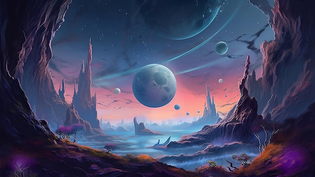 paisagem de planeta alienígena com lua e nuvens arte espacial fantasia arte futurista e sci-fi