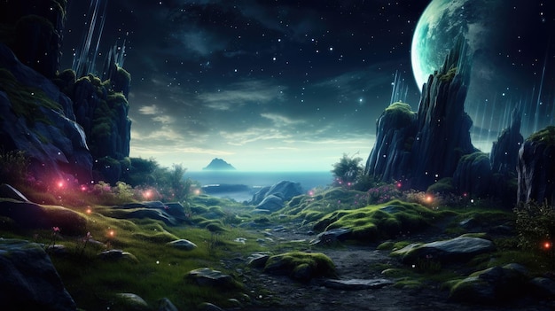 paisagem de planeta alienígena surrealista sci fi fundo de desktop de terrenos rochosos cristalinos luminescentes