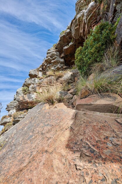 Paisagem de plantas e arbustos crescendo em uma encosta de montanha rochosa com fundo de céu nublado Paisagem acidentada de pedregulhos em um penhasco com trilhas para explorar em Lions Head Cape Town África do Sul