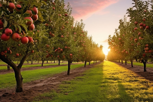 paisagem de pomar de macieiras durante a época de colheita criada com IA generativa