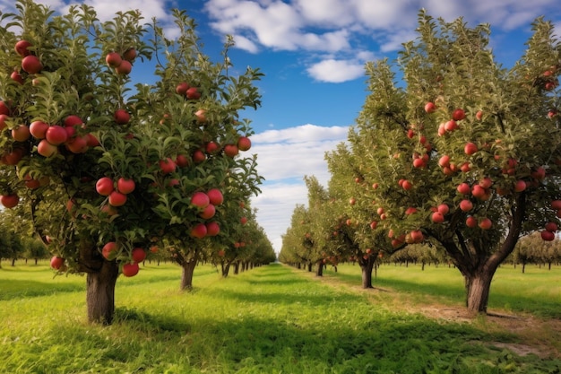 Paisagem de pomar de macieiras durante a época de colheita