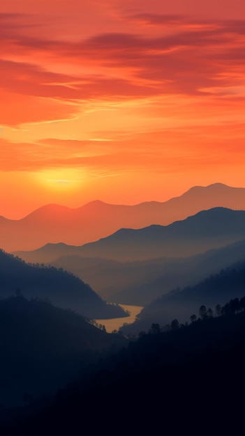 Paisagem de pôr-do-sol com montanhas em camadas criando uma cena natural serena Papel de parede móvel vertical