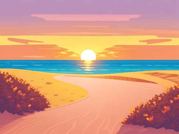 Paisagem de pôr-do-sol na praia com caminho que leva ao horizonte