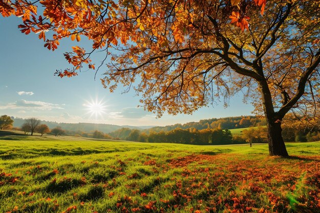 Foto paisagem de prado com campos verdes e árvores de outono durante um dia ensolarado