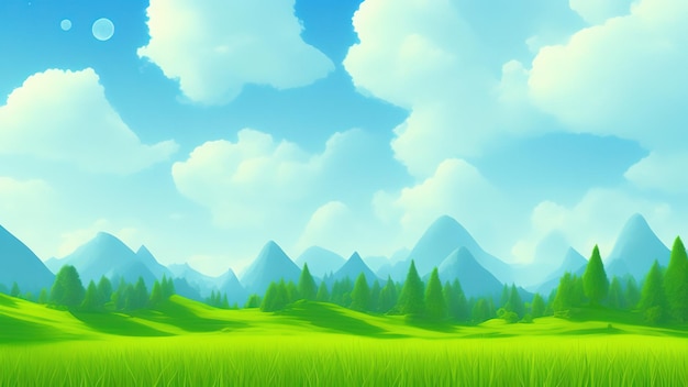 Paisagem de prado dos desenhos animados Campos verdes de verão vista colina de gramado de primavera e céu azul