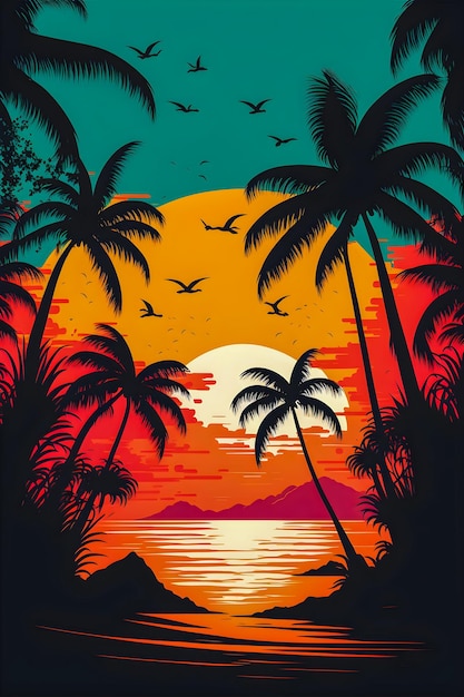 Paisagem de praia com ilustração retrô do nascer do sol