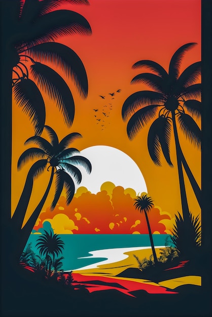 Paisagem de praia com ilustração retrô do nascer do sol