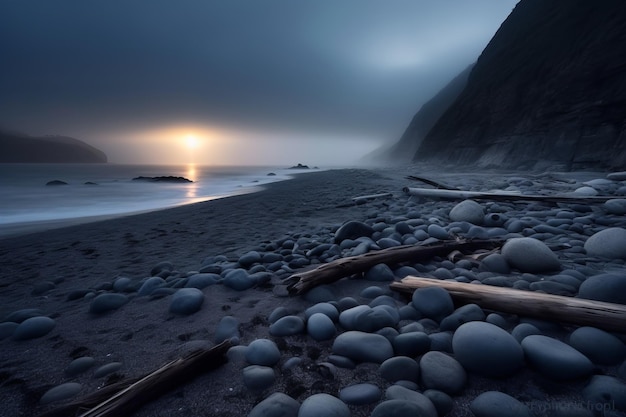 Paisagem de praia com nevoeiro escuro