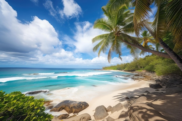 Paisagem de praia tropical com palmeiras e oceano ao fundo criado com generative ai