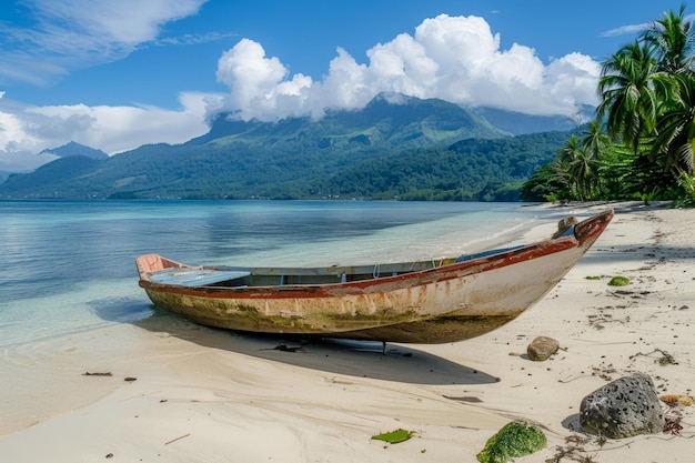 Paisagem de praia tropical serena com canoa de madeira solo na costa arenosa Águas azuis calmas e exuberantes