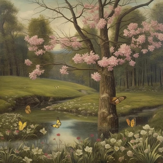 Paisagem de primavera com árvores florescendo flores de grama e borboletas