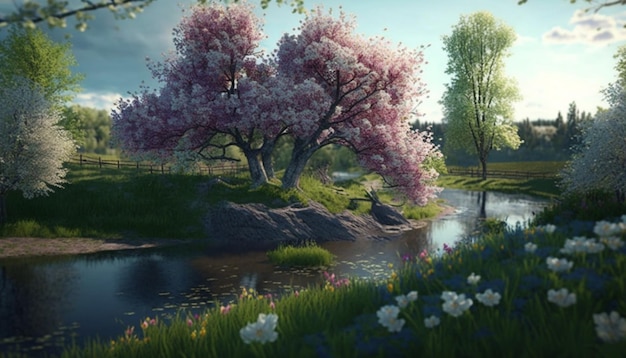 Paisagem de primavera com flores e árvores