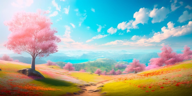 Paisagem de primavera vibrante e colorida para um pôster Generative AI