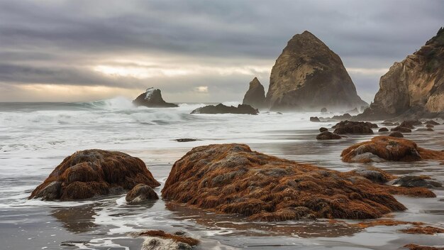 Foto paisagem de rochas na costa do noroeste do pacífico em cannon beach, oregon