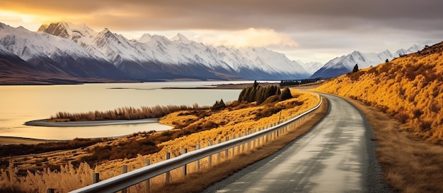 Foto paisagem de rodovia no pôr-do-sol colorido viajando na estrada de férias no verão