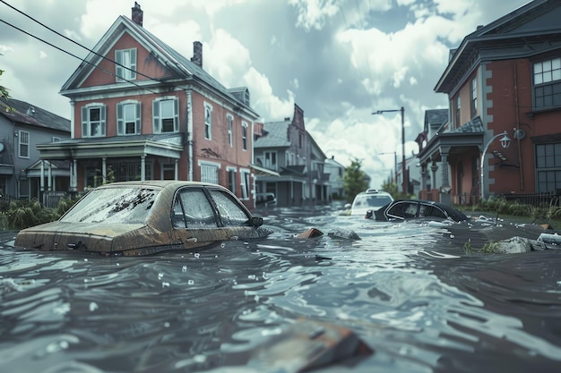 paisagem de ruas da cidade com casas e carros inundados desastre natural desastre natural inundação do rio
