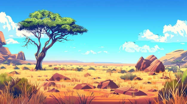 Paisagem de savana africana natureza selvagem da África fundo de desenho animado com rochas de árvores verdes e pradaria plana cena de paralaxe de campo ilustração moderna vista panorâmica do Quênia