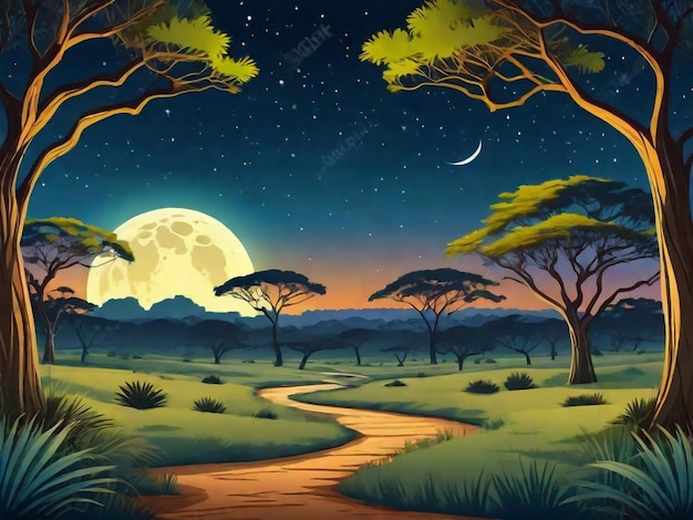 Paisagem de savana com acácias à noite