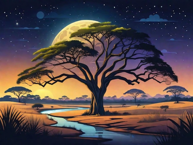 Paisagem de savana com acácias à noite