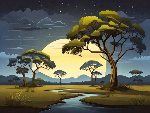 Paisagem de savana com árvores de acácia à noite