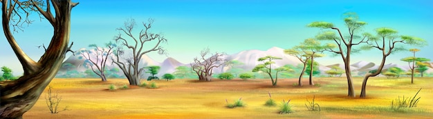 Foto paisagem de savana com ilustração de árvores