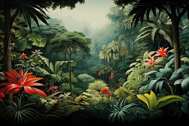 Foto paisagem de selva tropical com papagaios e flores ilustração 3d