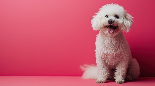 Paisagem de sonhos caprichosa Um cachorro delicado posando graciosamente em um país das maravilhas rosa-roxo