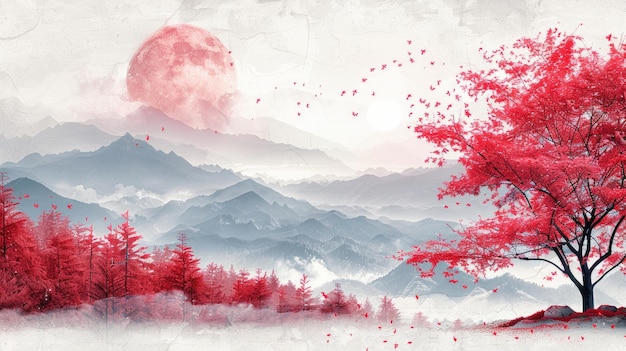 Paisagem de tinta vermelha chinesa antiga pintura tradicional papel texturizado 4k design japonês obra de arte requintada AI Generative