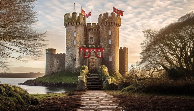 paisagem de um castelo irlandês com decorações festivas