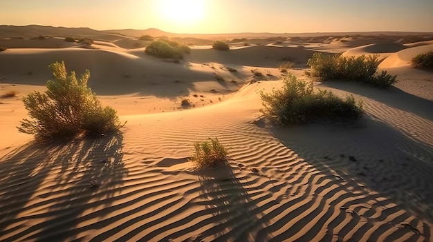 Paisagem de um deserto quente com onda de areia à noite Planta verde do deserto