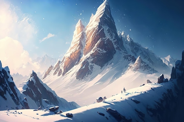 Paisagem de um pico de montanha alta com neve e geloGenerative AI