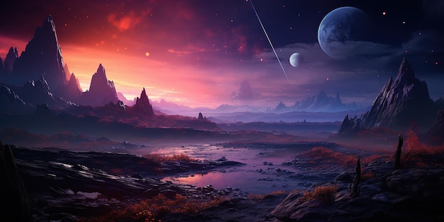 Paisagem de um planeta alienígena vista de outra superfície de planeta fundo de ficção científica