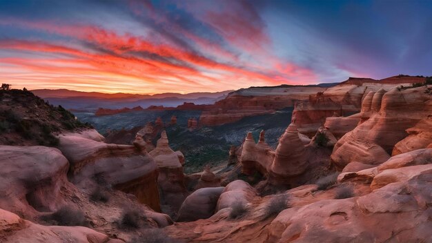 Paisagem de um pôr-do-sol colorido e deslumbrante sobre as formações rochosas