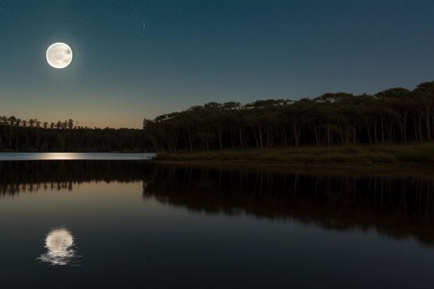 Paisagem de um rio na noite de lua cheia