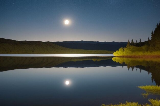 Foto paisagem de um rio na noite de lua cheia