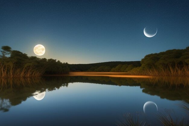 Paisagem de um rio na noite de lua cheia